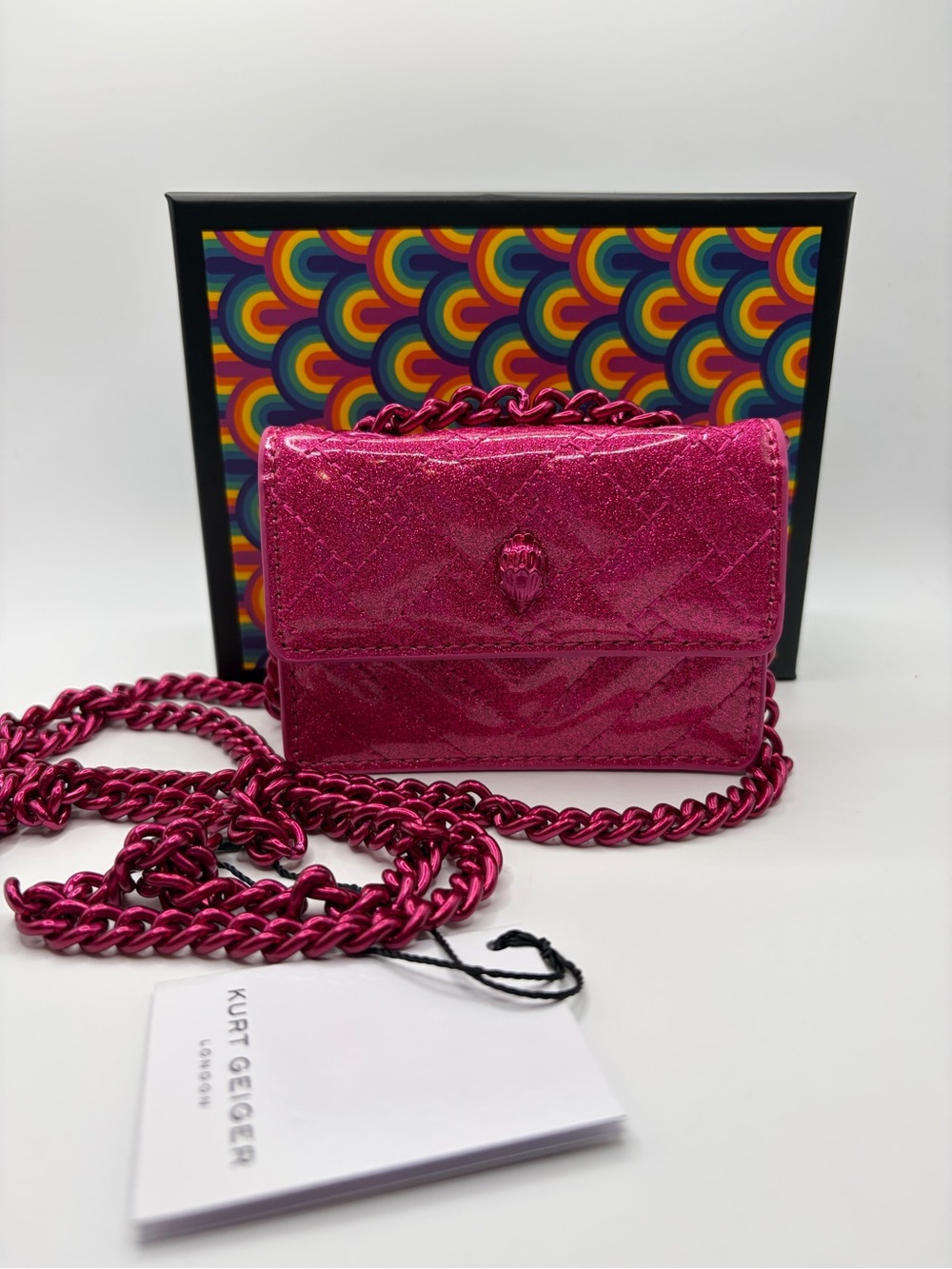 Kurt Geiger Micro Kensington Hot Pink Glitter Crossbody Bag - Picture 2 of 2